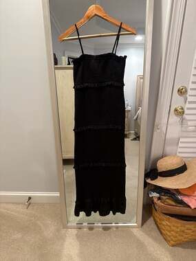 Mable Black Satin Smocked Ruffled Tiered Midi Dress